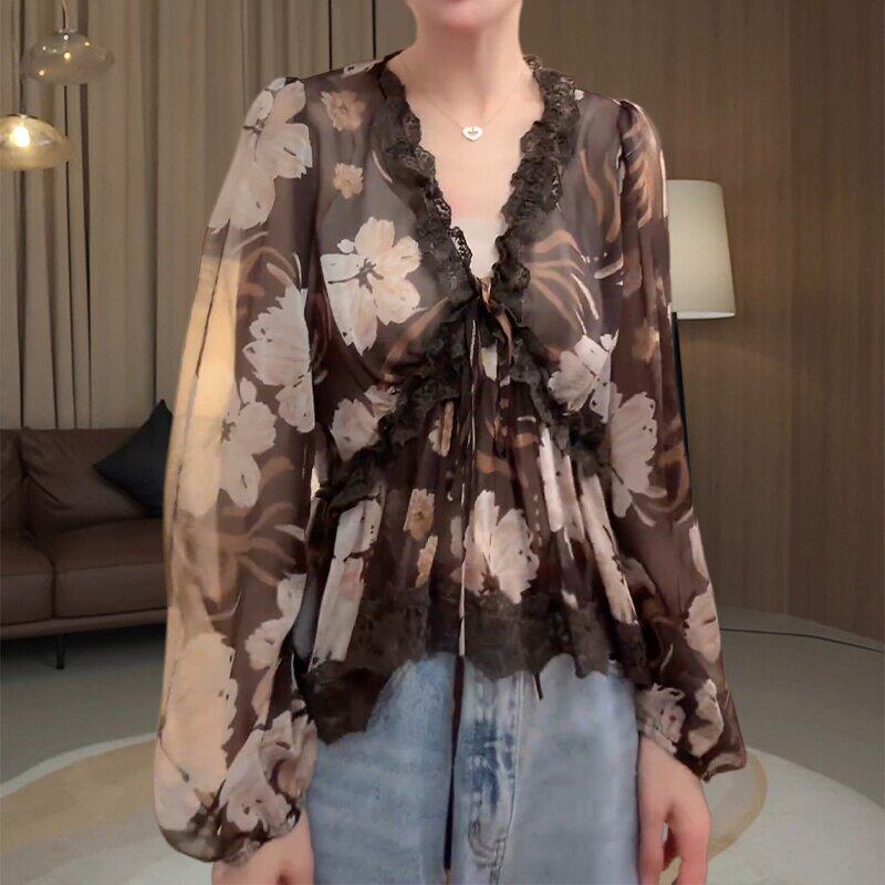 大码复古印花长袖衬衫女显瘦