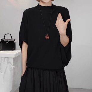 松弛感纯色半高领新款针织衫上衣女春夏慵懒宽松藏肉显瘦黑色毛衣