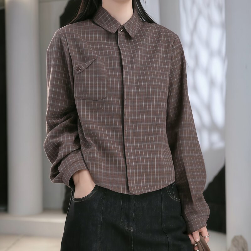 小个子时尚通勤风格纹衬衫女装2026新款舒适感POLO领长袖小衫上衣