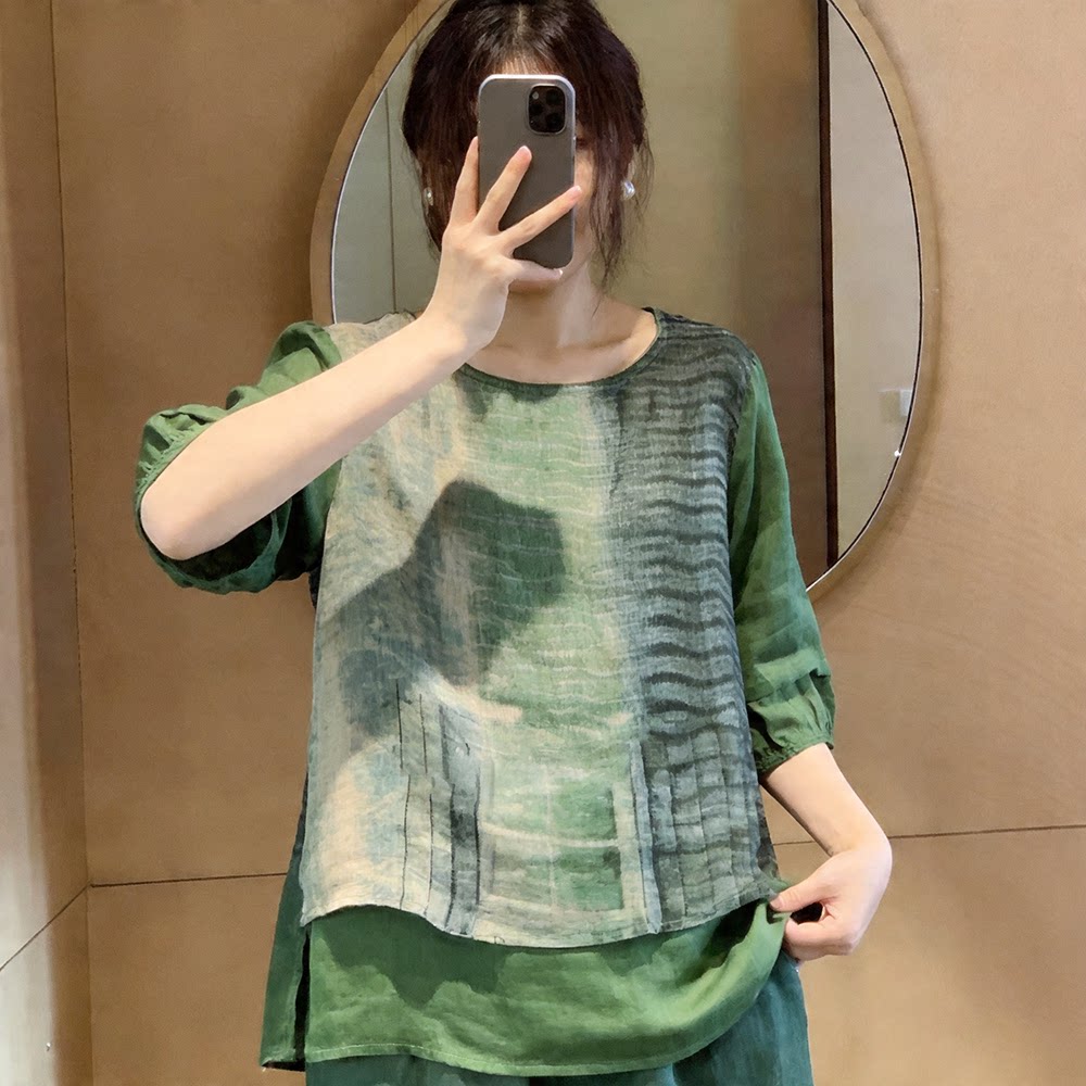 数码印花假两件宽松五分袖衬衫