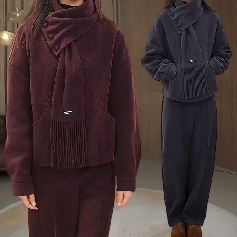 秋冬季大码休闲风时尚三件套女新款立领开衫外套配围巾阔腿裤套装