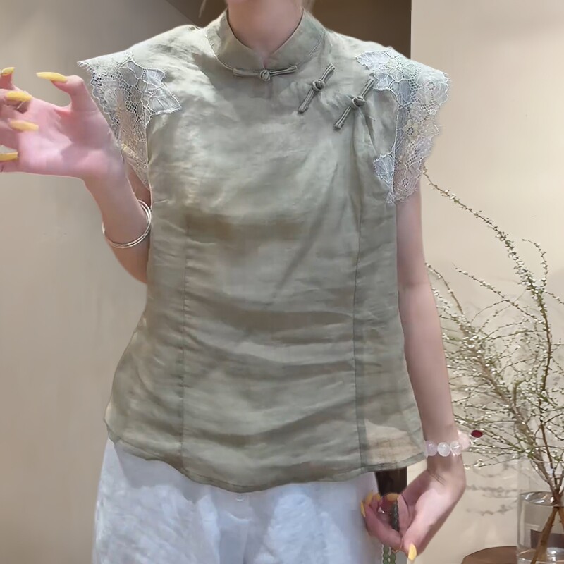 新中式大码显瘦蕾丝无袖立领衬衫