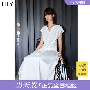 LILY2024夏季 宽肩显瘦纯色连衣裙 新品 V领收腰修饰身型遮肉小飞袖