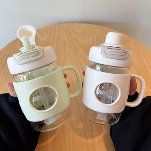 高硼硅玻璃杯带吸管600ml大容量单层水杯清新绿简约杯子茶水分离