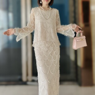 8250+6122人鱼公主【上衣+裙子】时尚珠绣亮片秋装新款长袖套装