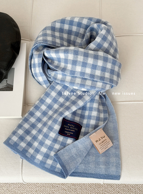 细支珍品澳洲wool100%纯羊毛英伦蓝色小格子围巾冬季保暖情侣围脖