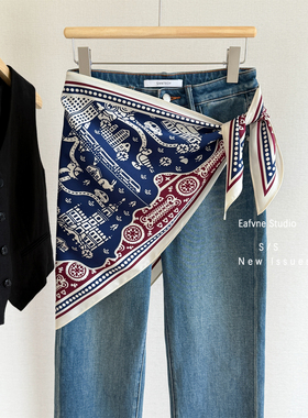 蓝色城堡拼色三角丝巾女新疆旅游屁帘裙帘拍照防晒护颈披肩夏叠穿