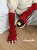 慵懒风针织毛线手套女秋冬露指可触屏防寒保暖护臂纯色长款 袖 套