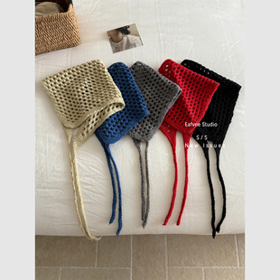 韩国红色ins博主同款针织三角巾包头法式复古头巾屁帘女拍照头饰