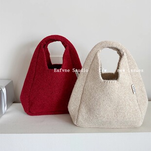 客供单简约高级感含羊毛针织纯色手拎包毛呢手提包女秋冬百搭通勤