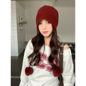 100%纯羊毛巴拉克拉法帽女双毛球秋冬新款 保暖护耳帽防寒毛线帽子