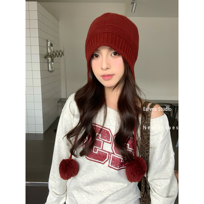 慵懒风毛球羊毛帽子高级感红色