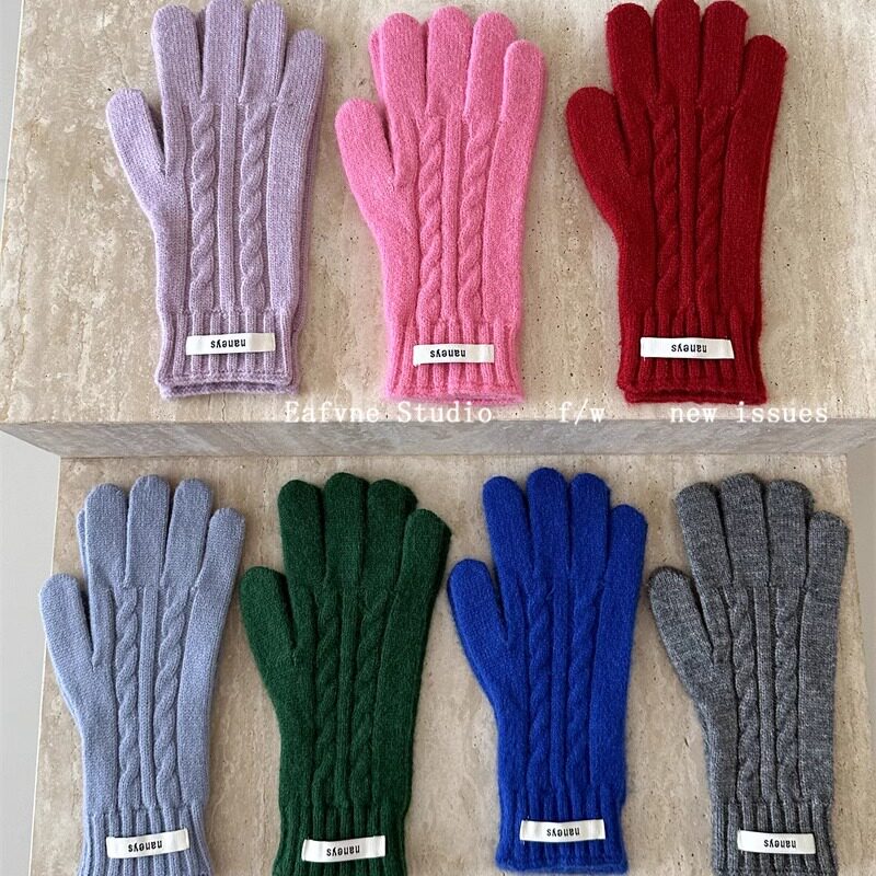 高品质显瘦露指触屏韩系ins麻花针织毛线手套女秋冬保暖防寒五指