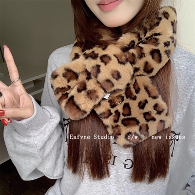 经典复古豹纹Vintage女冬季仿皮草水貂毛毛围巾保暖交叉围脖毛领