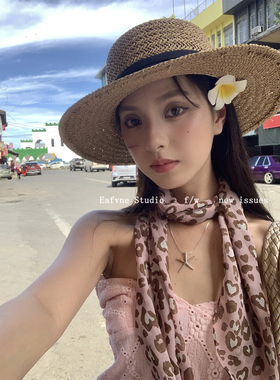 粉色豹纹气质出挑韩版丝巾女长条飘带绑装饰丝带腰带春夏超长领巾