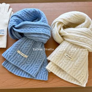 羊毛混纺显白绿色紫色围巾女冬季 百搭毛线 麻花针织保暖围脖韩版