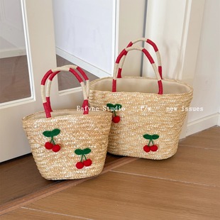法式 松弛感大容量氛围感樱桃麦秆草编包手工编织包手提包女托特包