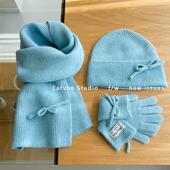 治愈蝴蝶结韩国毛线帽纯色针织围巾手套围脖秋冬保暖套装 防寒送礼