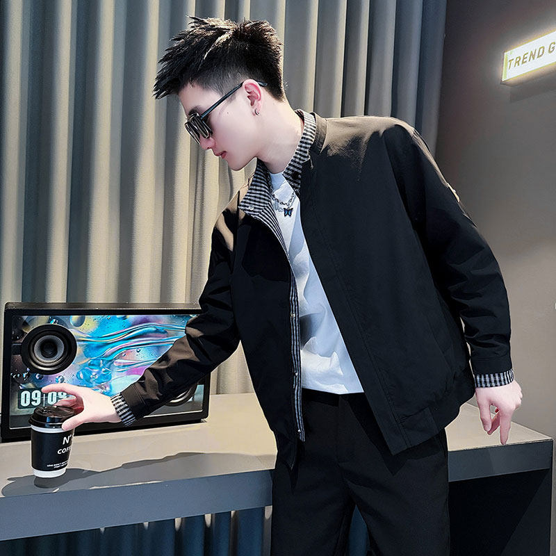 高级感休闲立领夹克男春秋款潮流痞帅假两件男装潮牌短款修身外套