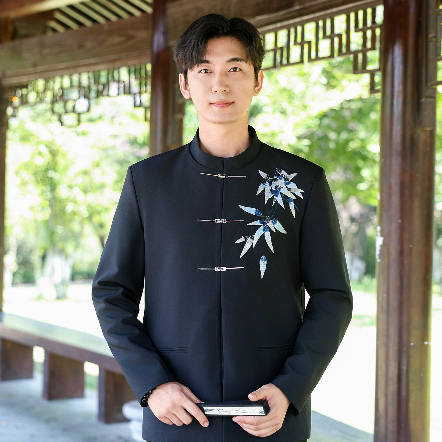 新中式国风中山装刺绣立领西装男翠竹飞机扣高级感套装唐装西服潮