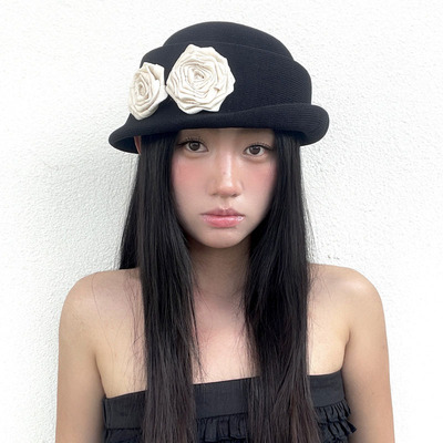 氛围感山茶花优雅卷边礼帽百搭显脸小帽子赫本风法式千金帽子女