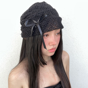 可爱黑色蝴蝶结冷帽女百搭韩版 显脸小百搭 弹力包头蕾丝帽子潮夏季
