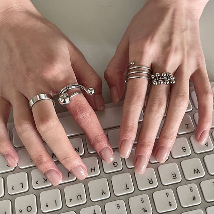 设计感金属叠戴四件套戒指冷淡风质感珠珠ins戒指环时髦气质百搭
