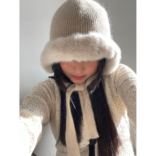 韩系氛围感保暖护耳帽编带双层防寒显脸小针织帽护耳针织帽子冬季