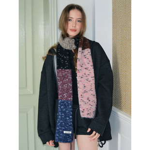 软糯复古混色拼接保暖围巾高级感围脖凹造型长条围巾撞色百搭围脖