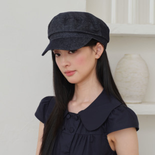 休闲深蓝色平顶鸭舌帽新款 日系纯色百搭文艺复古报童帽英伦贝雷帽