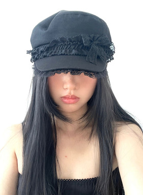 蕾丝可拆卸两带高级感帽子女休闲百搭海军帽英伦复古平顶鸭舌帽潮
