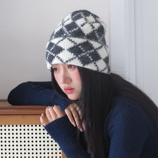 古早穿搭出游拍照复古拼色格子针织帽加厚保暖冷帽