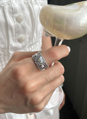 爱心宽版简约珍珠六芒星个性开口可调节食指戒指女高级感设计戒指