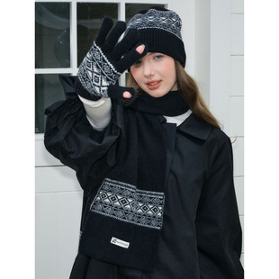 秋冬费尔岛风围巾手套帽子套装 复古休闲经典百搭针织帽帽子女