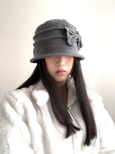复古时尚 渔夫帽百搭礼帽 蝴蝶结防寒盆帽加厚秋冬保暖女小众设计款