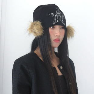 y2k星星镶钻可爱毛球针织帽小众设计师款 复古百搭包头帽 秋冬季