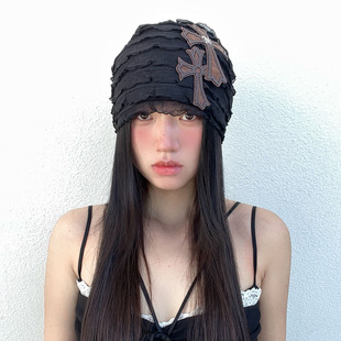 荒原原创 中古氛围感十字架百搭潮包头帽女显脸小帽子暗黑贝雷帽