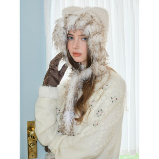 毛茸茸可爱猫耳朵帽子保暖复古休闲宽松百搭针织帽子拼接帽显脸小