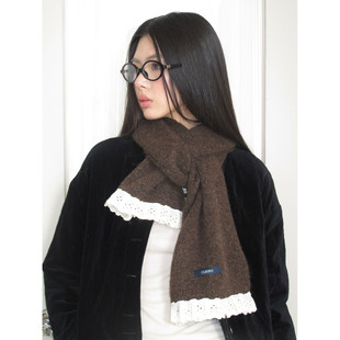 韩系花边百搭油栗棕纯色围巾秋冬经典 高级感围脖保暖可爱ins风 款
