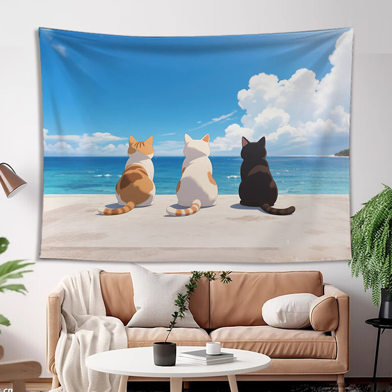 卡通治愈猫咪背影挂布背景布墙面遮丑布卧室床头装饰画布挂毯布艺图片