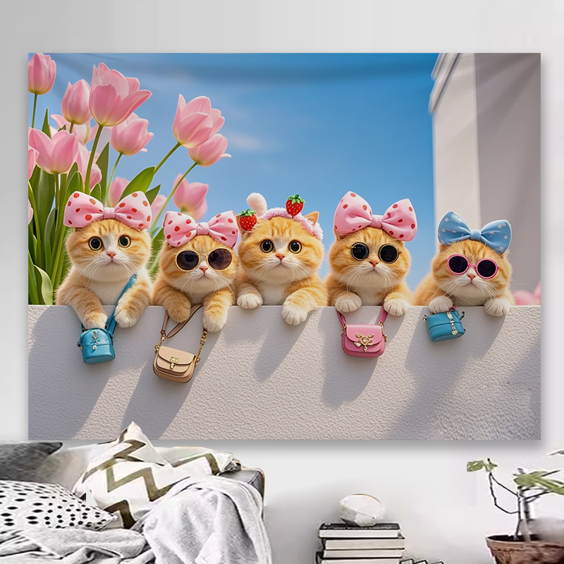 可爱萌猫治愈背景布ins挂布猫咪装饰画布房间客厅宠物布置挂毯布图片