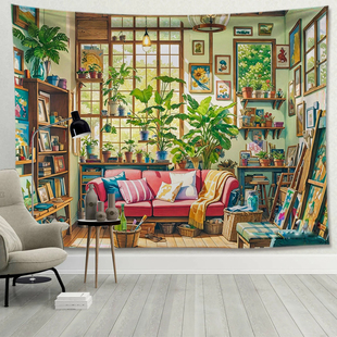 饰布房间床头墙壁遮挡墙布壁画小众挂画 治愈小屋挂布背景布卧室装