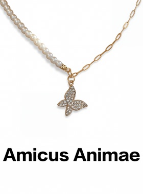 Amicus Animae欧美时尚合金镶钻蝴蝶吊坠珍珠项链女款轻奢锁骨链