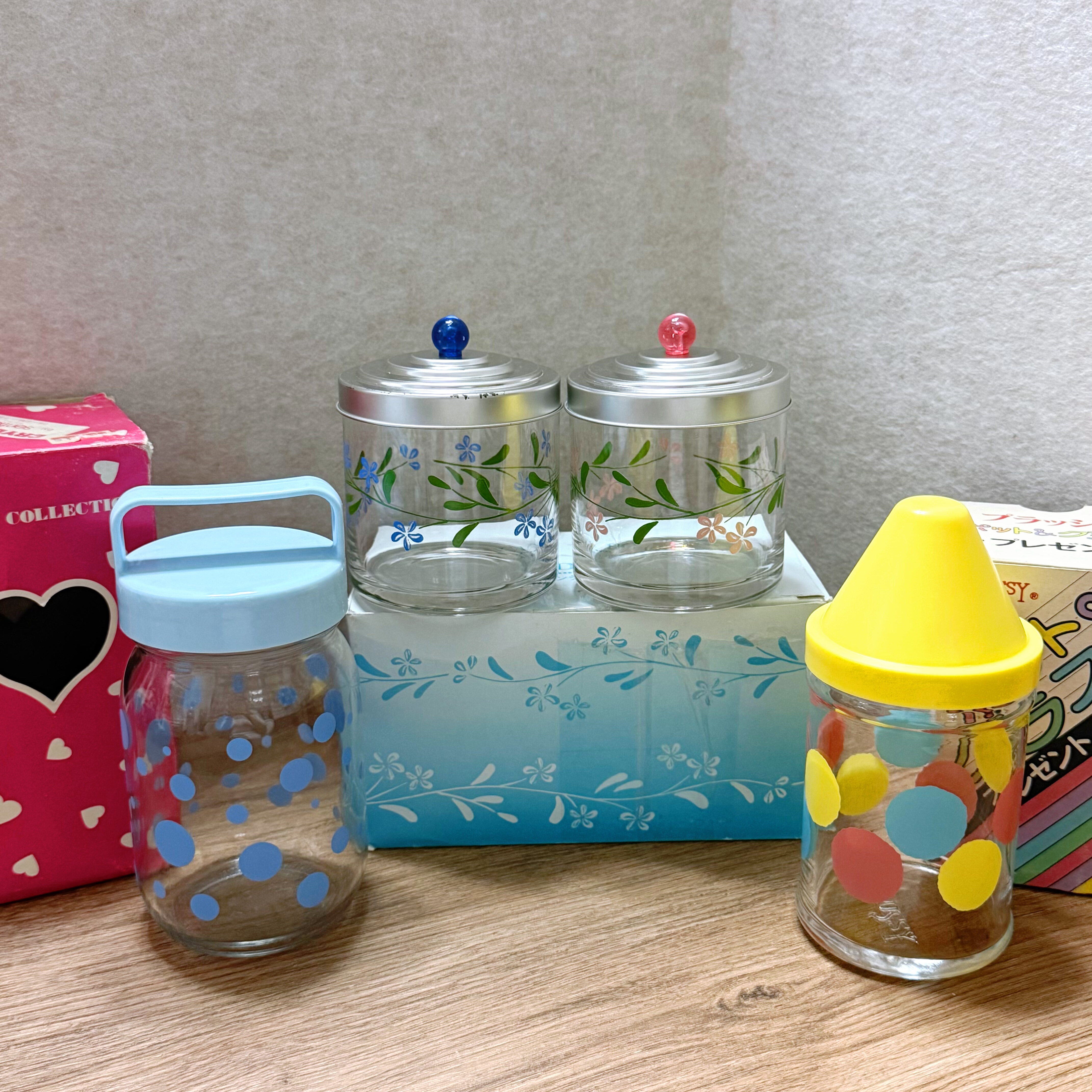 日本中古 昭和风玻璃杯带盖玻璃罐子 玻璃杯 糖果罐