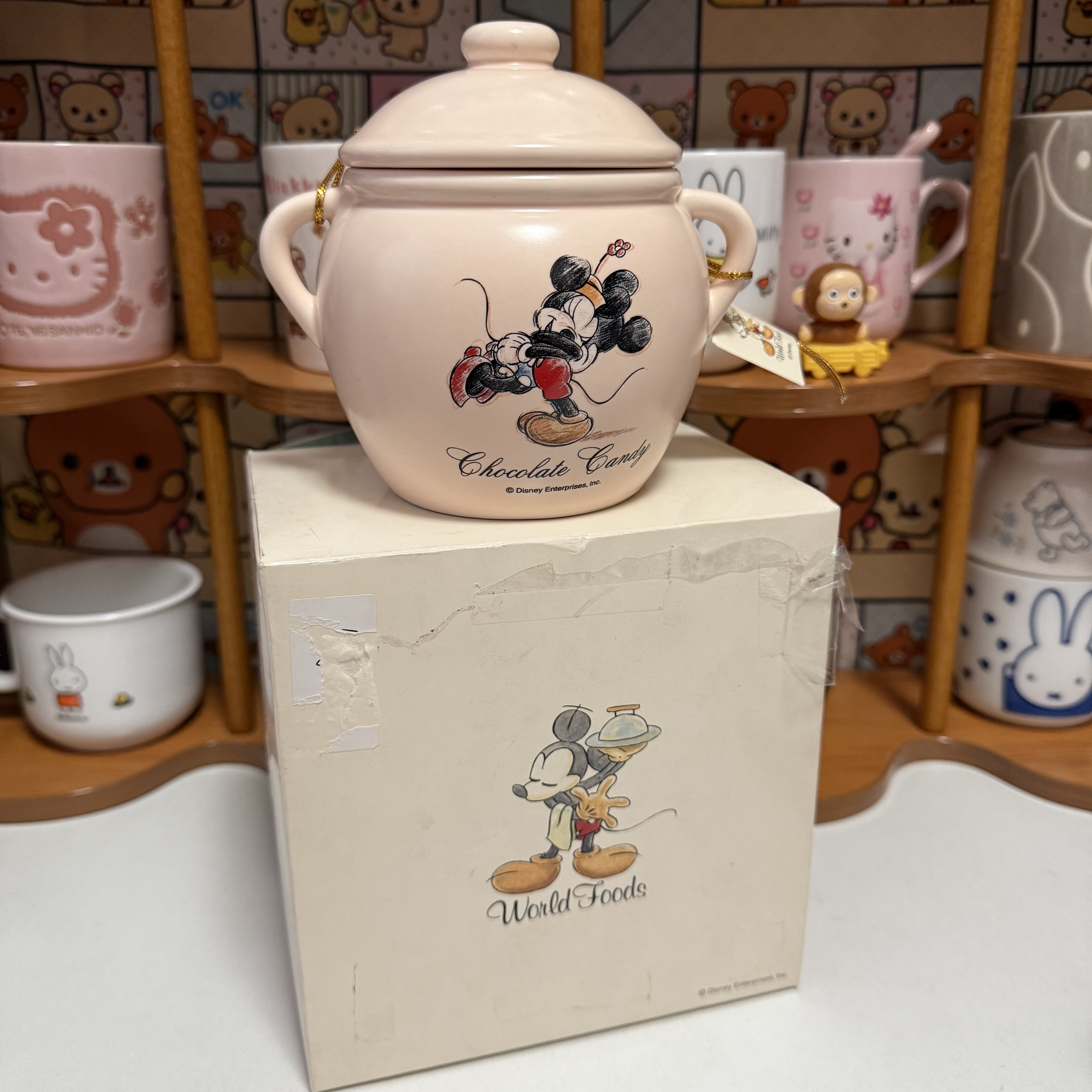 日本vintage 米奇米妮陶瓷罐子 带盖糖果罐 迪士尼收纳罐
