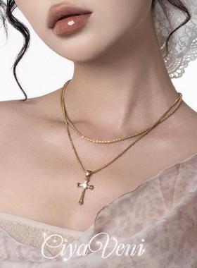 2025年新款原创设计镶钻复古金属十字架轻奢巴洛克风格项链女百搭