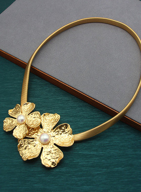 铜镀真金花朵项链女小众中古个性