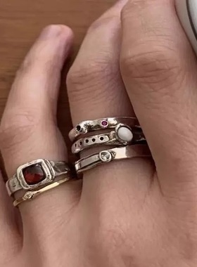 银色做旧复古不规则叠戴金属戒指