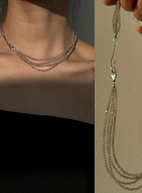 新中式天然灰玛瑙绿东陵石拉长石多层迷你串珠镀银扣项链锁骨链