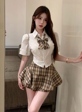 夏季新款纯欲辣妹jk制服短款领结白衬衫高腰格子蓬蓬裙裤两件套装